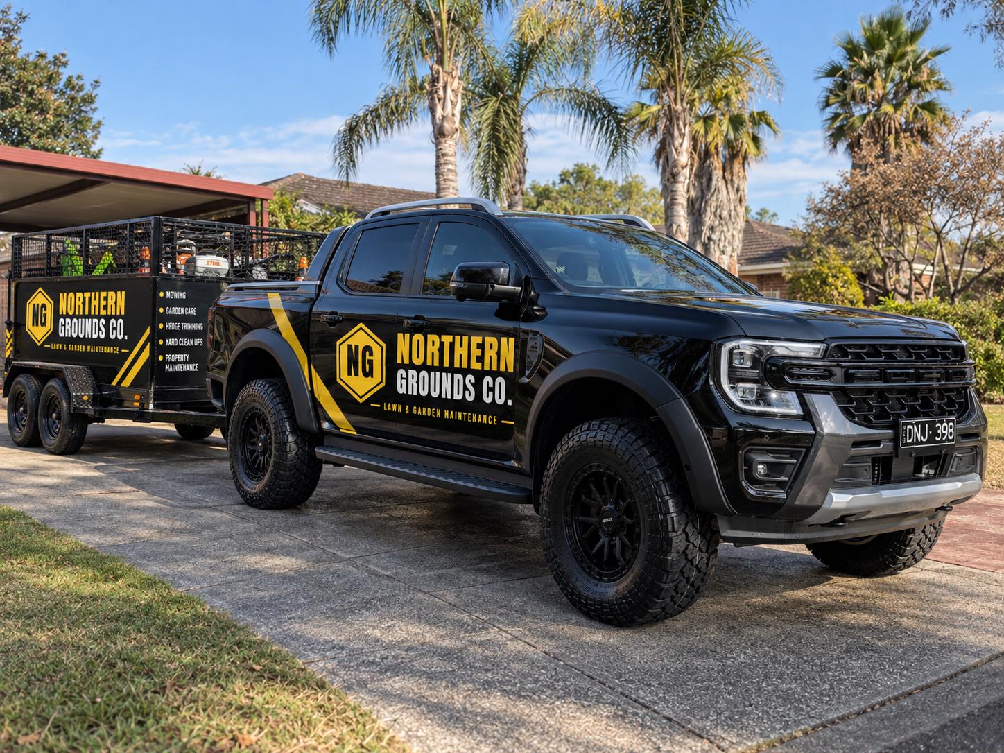 Northern Grounds Co. branded ute and garden maintenance trailer