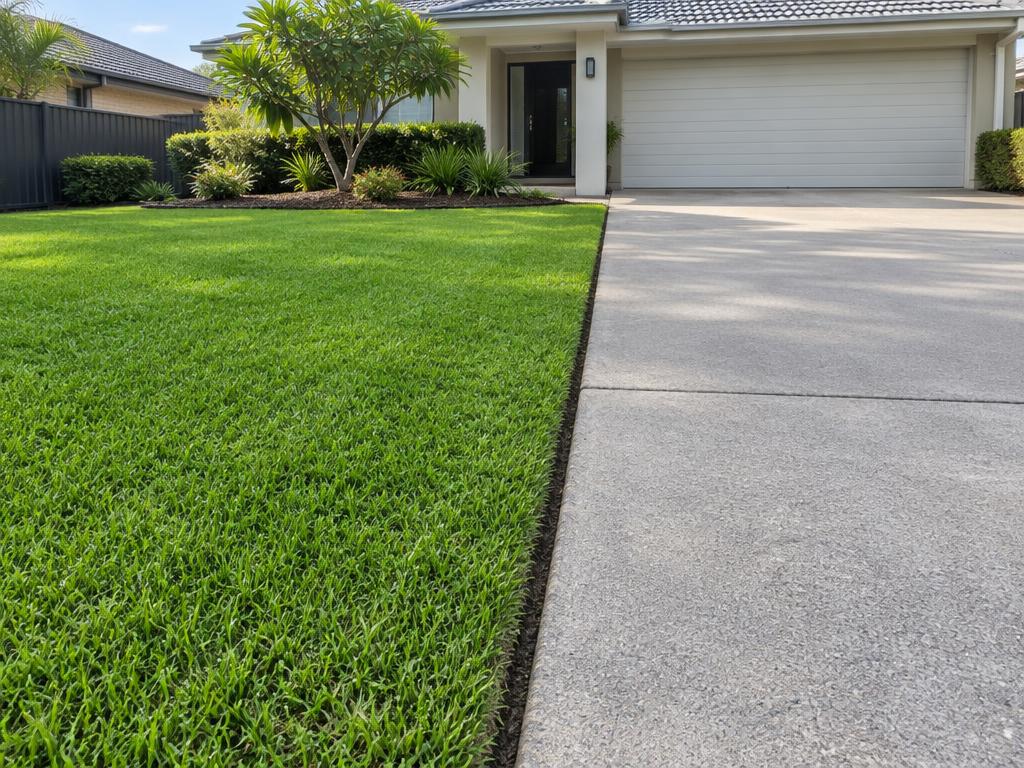 Crisp lawn edge beside a concrete driveway