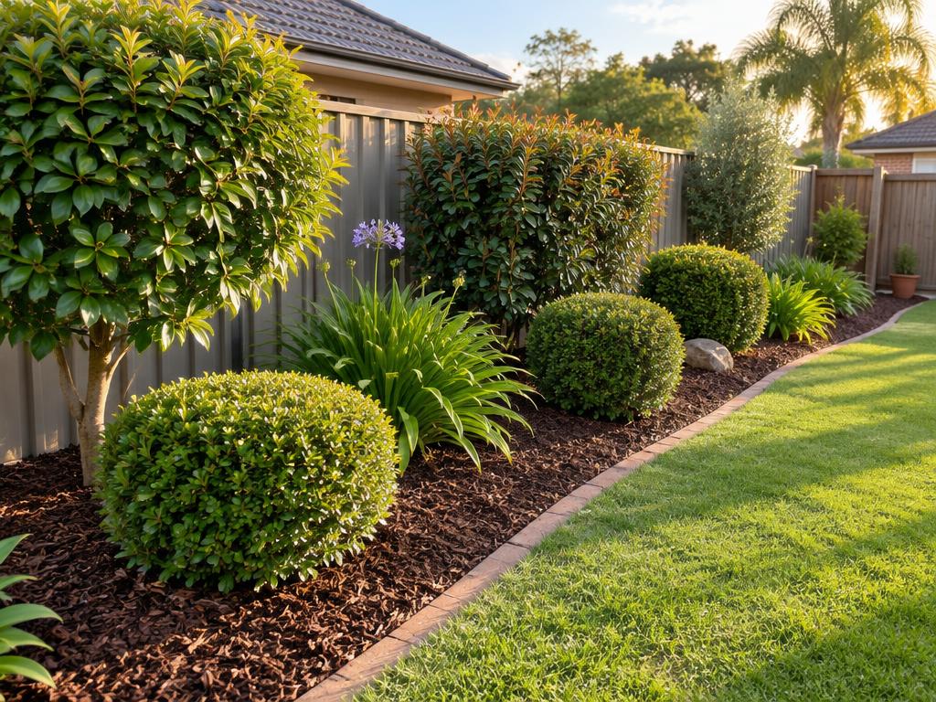 Tidy mulched garden bed with clipped shrubs