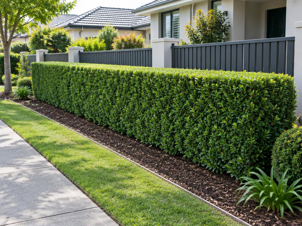 Neatly trimmed hedge along a front fence