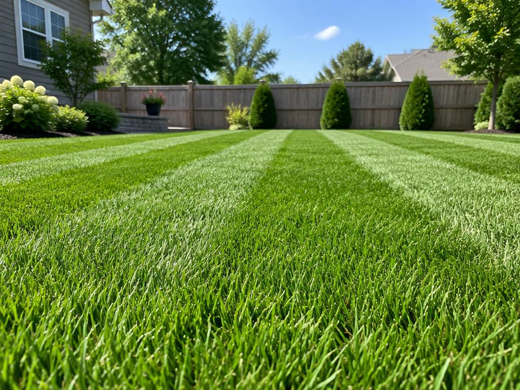 Freshly mowed striped backyard lawn