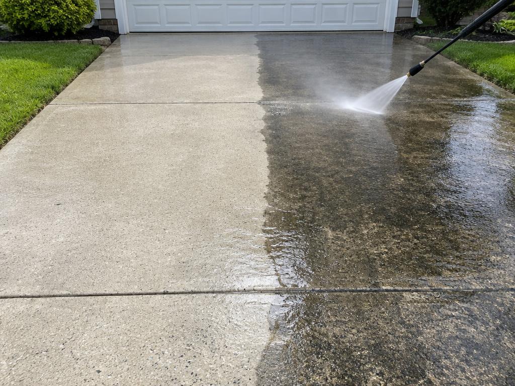 Driveway half cleaned by a pressure washer